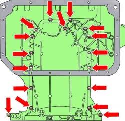 Расположение болтов крепления верхней секции масляного поддона