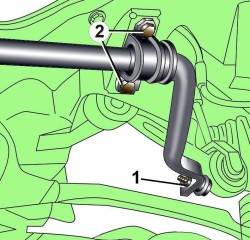 Расположение гайки (1) крепления серьги и болтов крепления (2) кронштейна стабилизатора