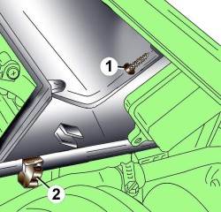 Расположение болта (1) и зажима (2) крепления камеры рециркуляции