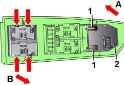 Расположение фиксаторов (1) и направление (А) снятия переключателя (2) регулировки положения зеркала. Слева