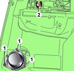 Расположение винтов (1) крепления нижнего динамика и фиксаторов (2) крепления верхнего динамика
