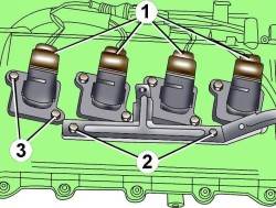 Расположение электрических разъемов (1) и болтов (3) крепления катушек зажигания, а также болтов (2) крепления кронштейна на правой головке блока цилиндров бензинового двигателя V8–5V