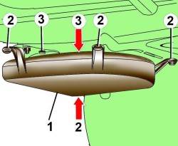 Расположение кожуха (1), винтов его крепления (2) и динамиков (3) задней полки